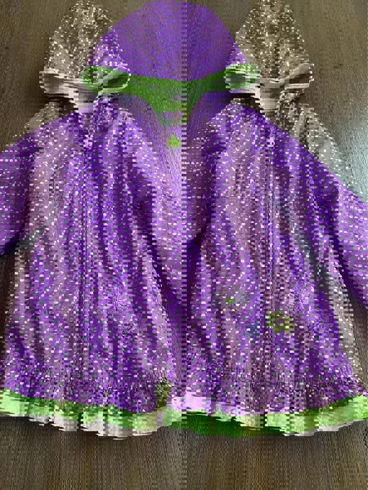 Purple & green polka dot rain jacket with flowers size 6