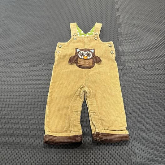 Baby tan corduroy owl overalls size 6-9 months