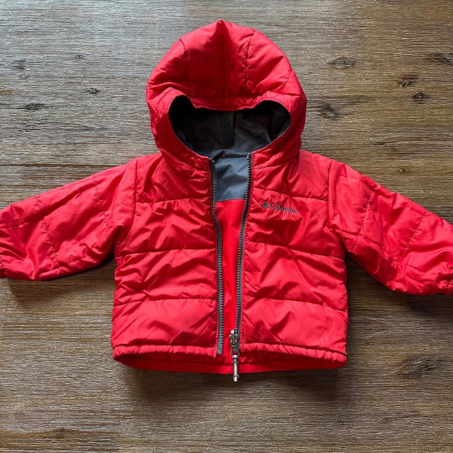 Columbia reversible baby red & grey jacket size 6-12 months