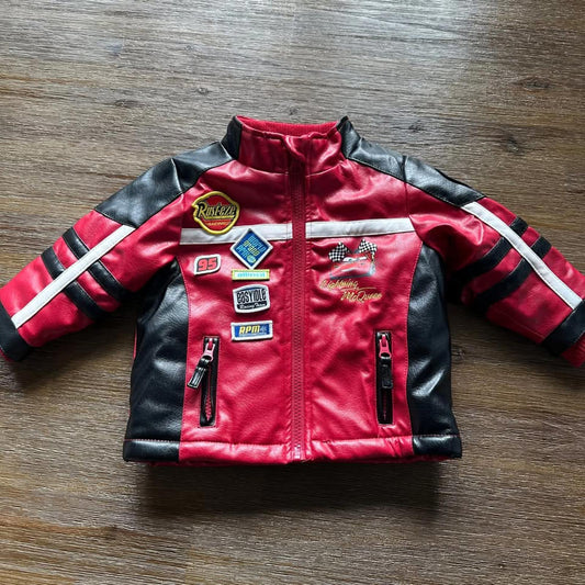 The Cars Lightning McQueen baby faux leather jacket with patches size 12 months