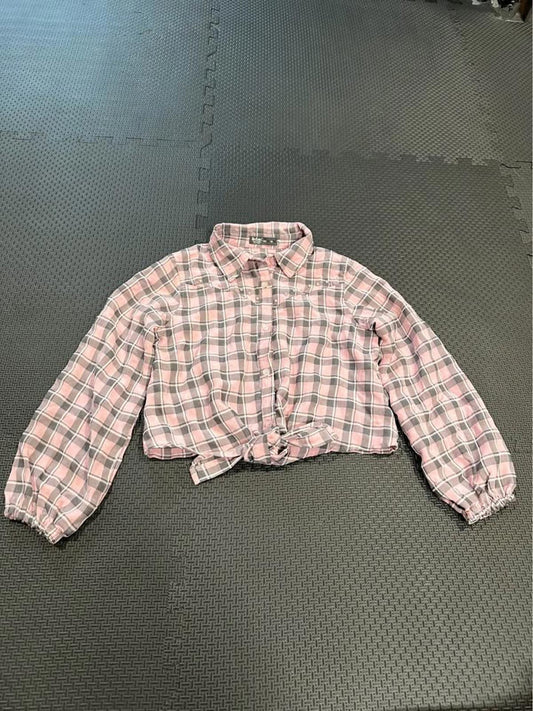 Lee Cooper girls pink cropped plaid button down shirt with “pearls” size 10