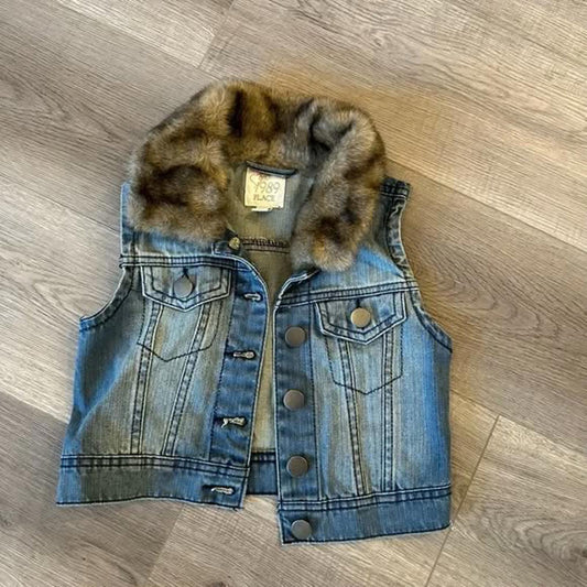 Faux fur collar kids sleeveless denim vest size 7/8